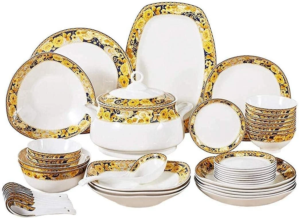 سرویس غذاخوری 46 پارچه با طرح گل قدیمی، شامل بشقاب، کاسه و ظروف سرامیکی