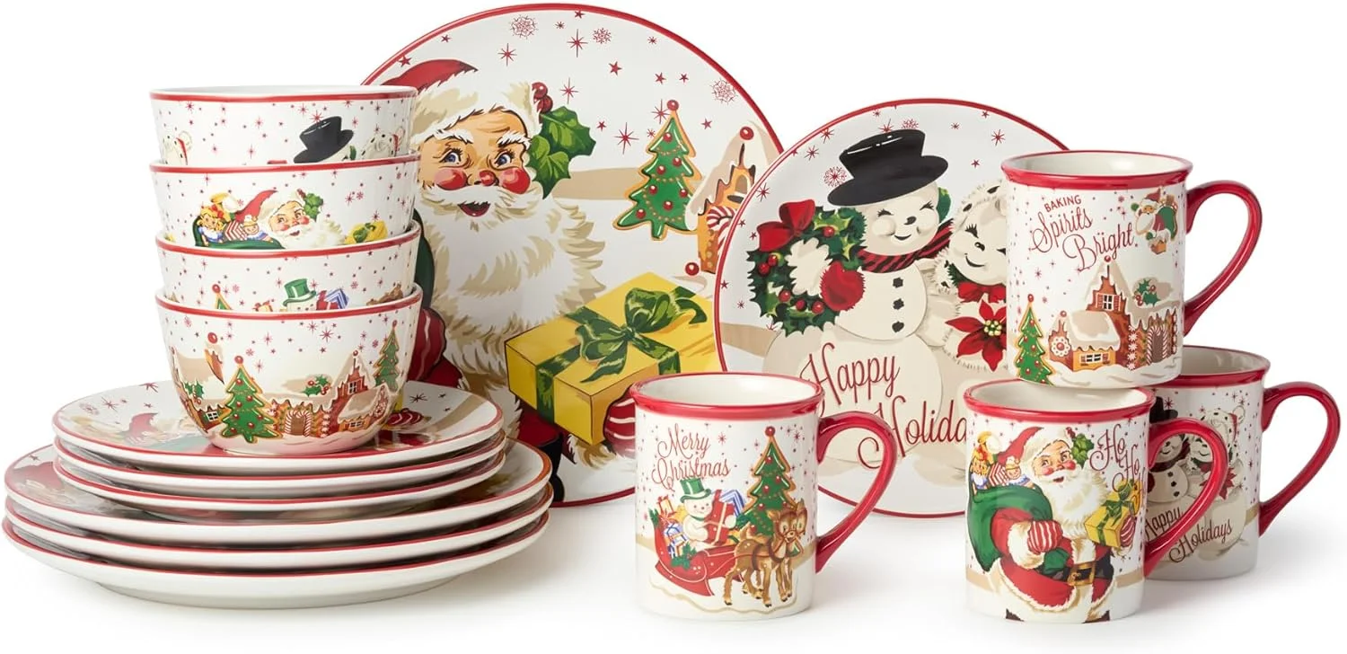 ست ظروف غذاخوری 16 پارچه سرامیکی کریسمس یکپارچهسازی با سیستمعامل سانتا، مناسب برای 4 نفر - بشقاب، کاسه و لیوان با طرح های قدیمی سانتا، گوزن شمالی و آدم برفی، ظروف جشن برای مهمانی های کریسمس و دکوراسیون تعطیلات