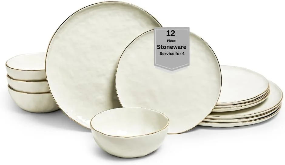 سرویس غذاخوری 12 پارچه سنگو گانزوورت، مناسب برای 4 نفر، سفید شیک با تزیینات طلایی، ایده آل برای استفاده روزمره و پذیرایی