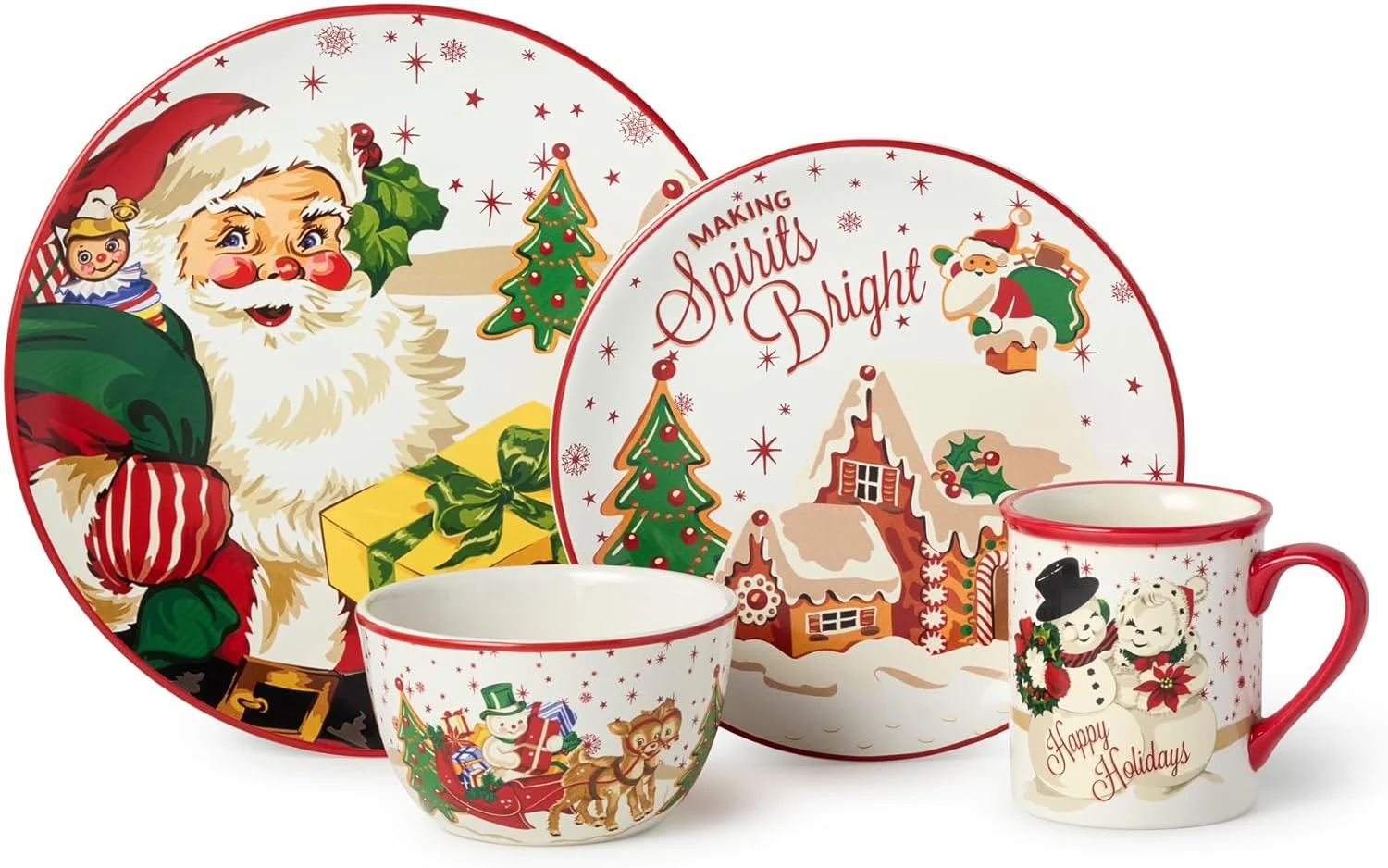 ست ظروف غذاخوری 16 پارچه سرامیکی کریسمس یکپارچهسازی با سیستمعامل سانتا، مناسب برای 4 نفر - بشقاب، کاسه و لیوان با طرح های قدیمی سانتا، گوزن شمالی و آدم برفی، ظروف جشن برای مهمانی های کریسمس و دکوراسیون تعطیلات