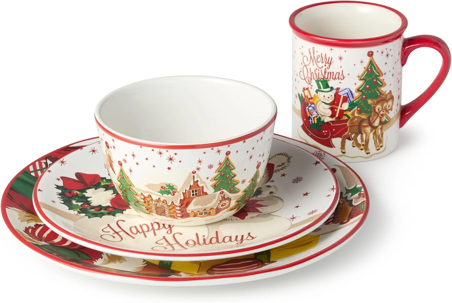 ست ظروف غذاخوری 16 پارچه سرامیکی کریسمس یکپارچهسازی با سیستمعامل سانتا، مناسب برای 4 نفر - بشقاب، کاسه و لیوان با طرح های قدیمی سانتا، گوزن شمالی و آدم برفی، ظروف جشن برای مهمانی های کریسمس و دکوراسیون تعطیلات