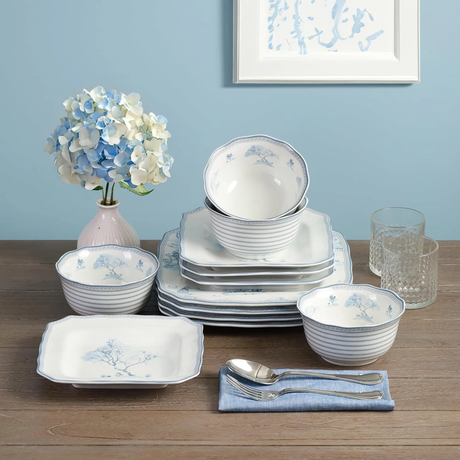 سرویس غذاخوری 12 پارچه چینی طرح منظره آبی