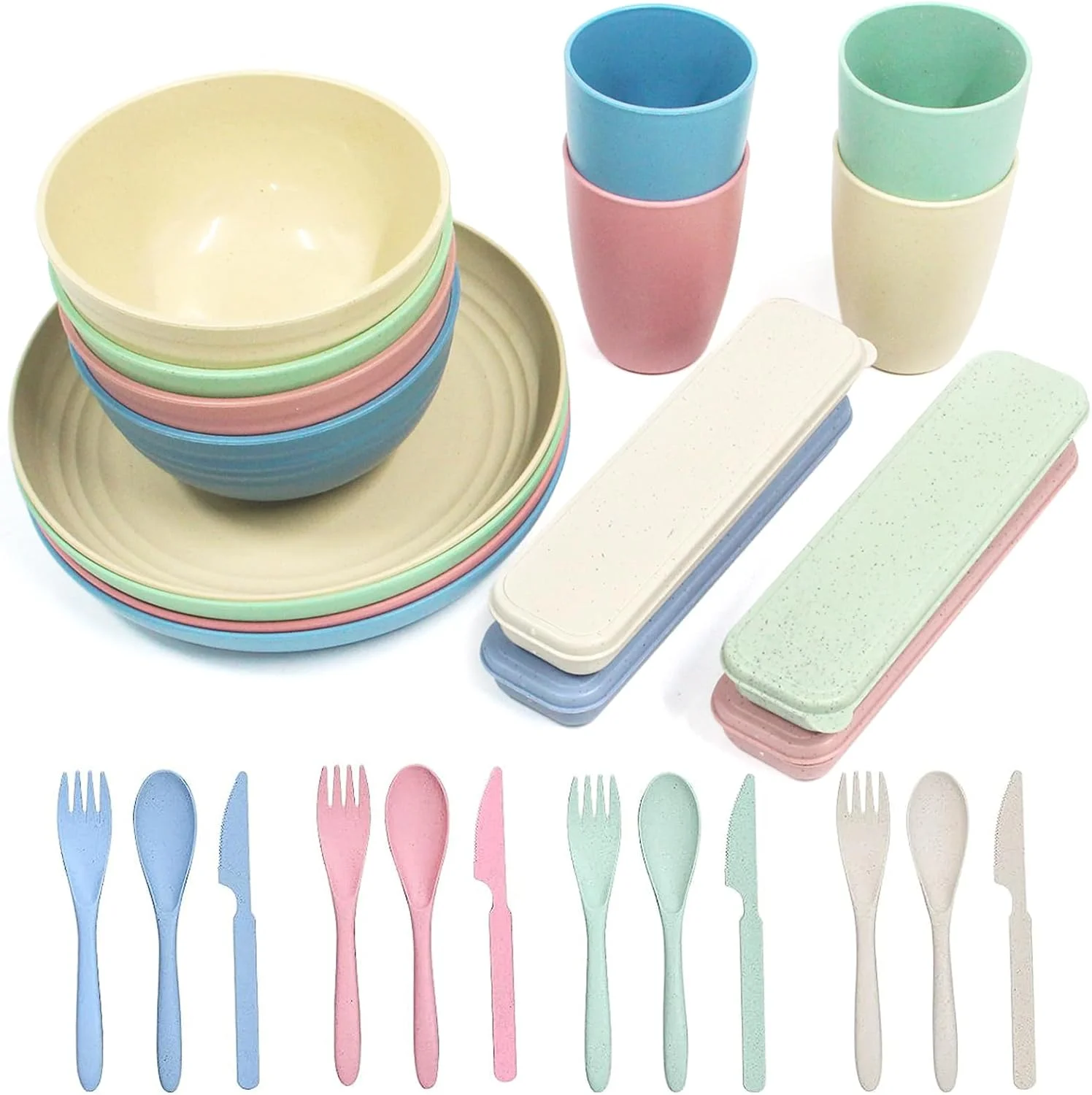 ست ظروف غذاخوری کاه گندم ساگرینی، 28 تکه بشقاب و کاسه پلاستیکی، ست ظروف ضروری اتاق خوابگاه دانشجویی با ست کارد و چنگال، قابل استفاده در مایکروویو
