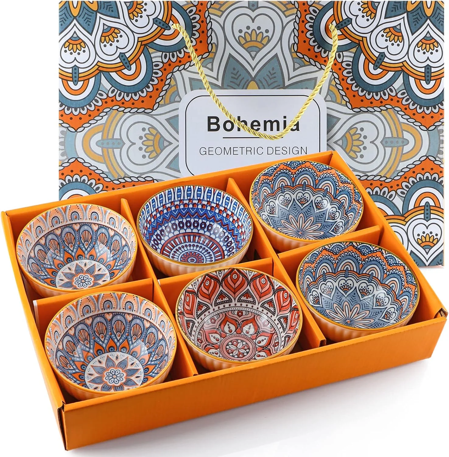 کاسه های سرامیکی برنج سانبگه 300 میلی لیتر، ست هدیه کاسه به سبک بوهمی، کاسه های سرو غذاخوری متنوع برای غلات، سوپ، دسر، میان وعده، میوه، سالسا، بسته 6 عددی (طرح هندسی)