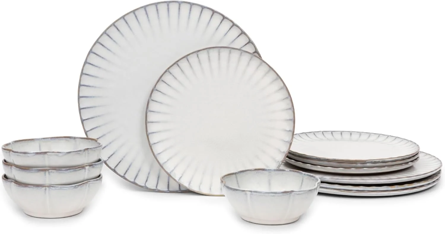 سرویس غذاخوری ۱۲ پارچه Serax برای ۴ نفر - ظروف Inku اثر سرجیو هرمان - ۴ بشقاب کوچک سفید، ۴ بشقاب بزرگ، ۴ کاسه پاستا - سرویس ظروف سنگی - مجموعه لوازم ضروری آشپزخانه - آشپزخانه و غذاخوری