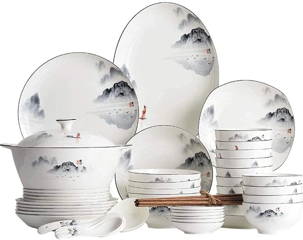 سرویس غذاخوری مناسب رستوران لوکس و منزل، سرویس غذاخوری مقاوم، سرویس ظروف چینی زیبایی شرقی با طرح نقاشی منظره سفید، ظروف سرامیکی