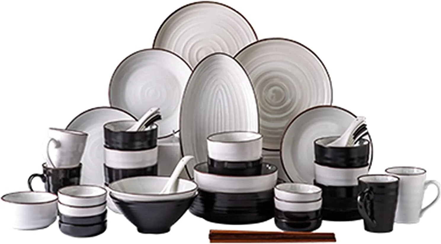 سرویس غذاخوری برای مهمانی خانوادگی، رستوران هتل، سرویس ظروف گرد 56 پارچه سنگی برای 8-10 نفر، هدیه ظروف سفید، مشکی