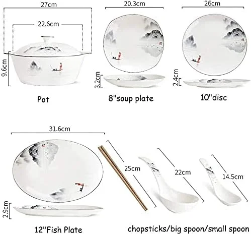 سرویس غذاخوری مناسب رستوران لوکس و منزل، سرویس غذاخوری مقاوم، سرویس ظروف چینی زیبایی شرقی با طرح نقاشی منظره سفید، ظروف سرامیکی