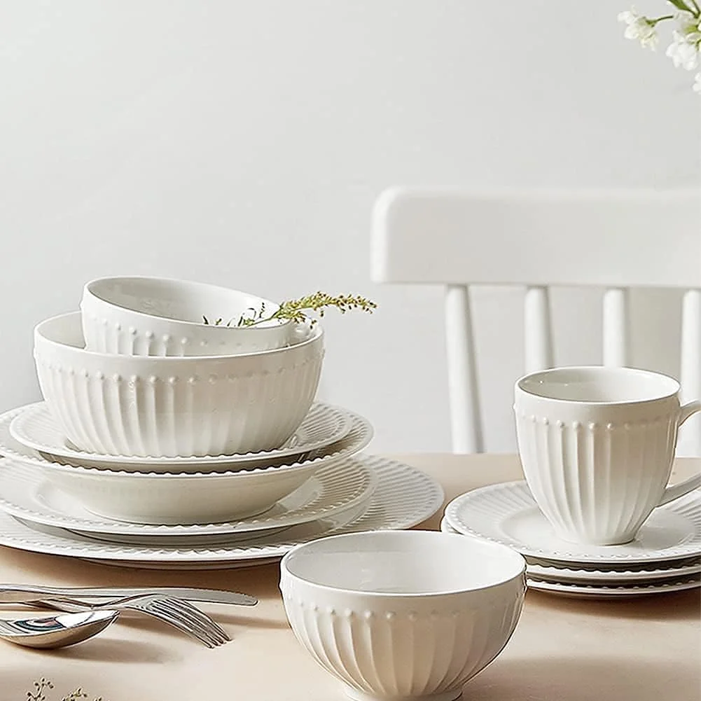 سرویس غذاخوری ۱۹ پارچه مناسب رستوران های لوکس و منزل، ست ظروف غذاخوری، ست ظروف چینی با بشقاب و کاسه، سرویس غذاخوری سرامیکی سفید