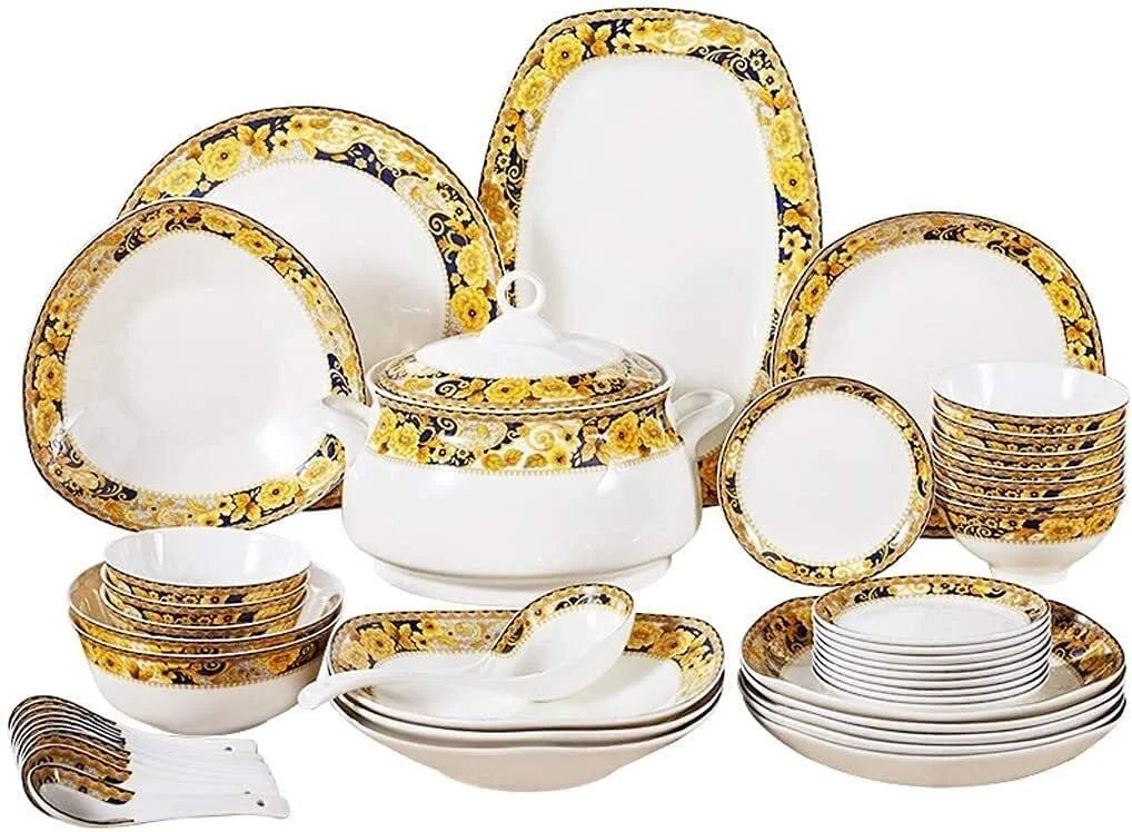 ست ظروف غذاخوری ویژه رستورانی، ست ظروف غذاخوری مهمانی، ست ظروف سرامیکی با 46 تکه، کاسه/بشقاب/قابلمه سوپ/قاشق| ست ظروف غذاخوری چینی استخوانی، ترکیب ظروف چینی به سبک اروپایی