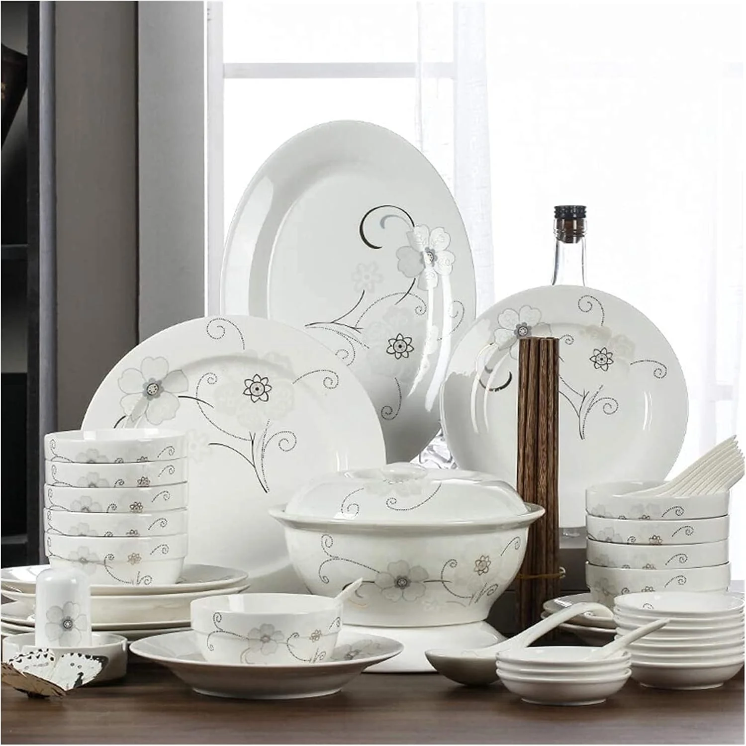 سرویس غذاخوری، سرویس ظروف غذاخوری ویژه رستورانی، سرویس ظروف سرامیکی 46 تکه، کاسه/قابلمه/بشقاب/قاشق | سرویس های غذاخوری چینی استخوانی، ترکیب چینی با طرح گل
