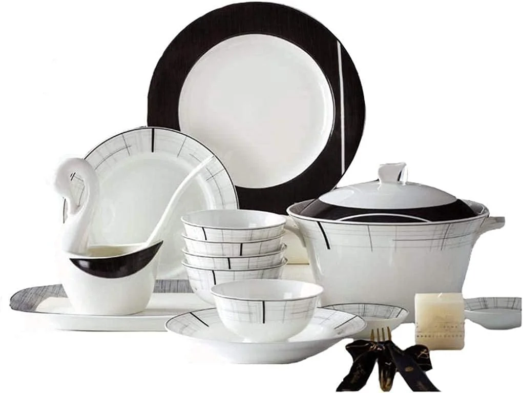Elegant Resistant Dinner Set,66 Pieces Porcelain Dinnerware Set Modern Black and White Overglaze Tableware Combination Suitable for 10 Persons Elegant Resistant Dinner Set,66 Pieces Porcelain Dinnerware Set Modern Black and White Overglaze Tableware Combination Suitable for 10 Persons