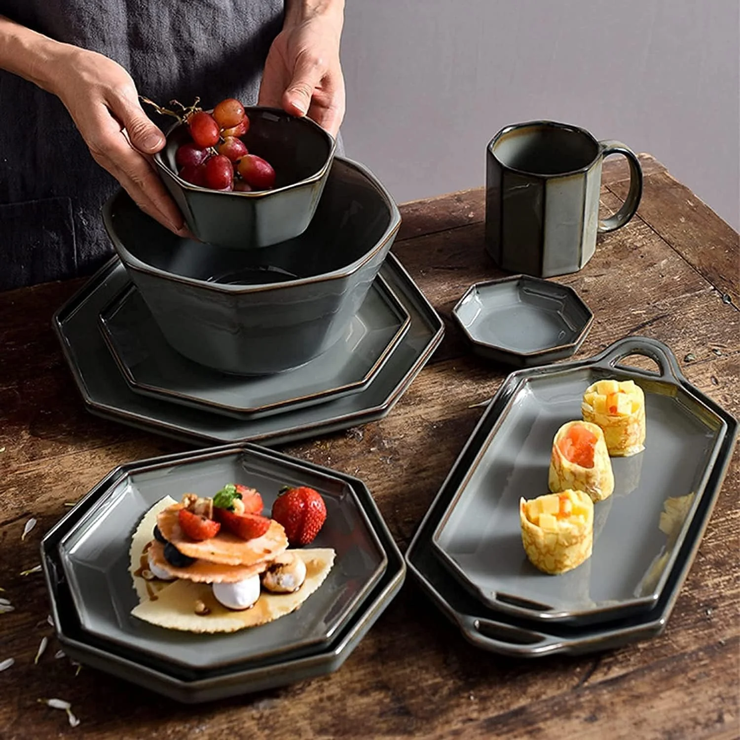 سرویس غذاخوری لوکس برای رستوران و منزل، سرویس ظروف چینی 28 پارچه، سرویس میز غذاخوری مدرن رترو، شامل بشقاب و کاسه سوپ سرویس غذاخوری لوکس برای رستوران و منزل، سرویس ظروف چینی 28 پارچه، سرویس میز غذاخوری مدرن رترو، شامل بشقاب و کاسه سوپ