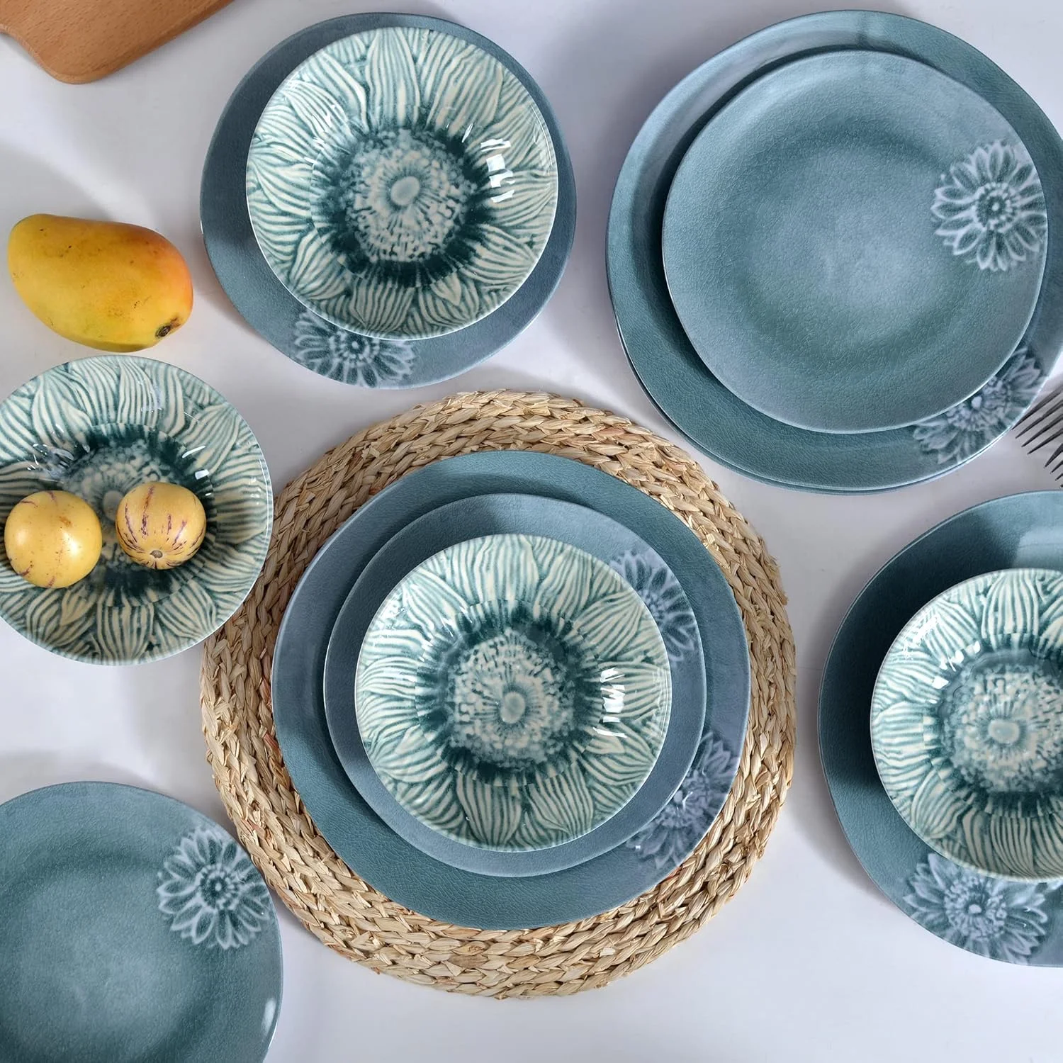 ست ظروف ملامین PUMELAMI، ست 12 تکه ظروف ملامین برای 4 نفر، ست ظروف آبی سبز، مناسب برای استفاده در داخل و خارج از منزل و استفاده روزمره، ایمن برای مواد غذایی، قابل شستشو در ماشین ظرفشویی، طرح ترک یخی