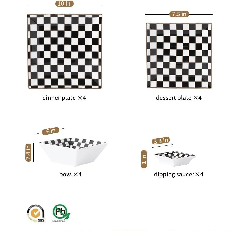 ست ظروف غذاخوری مربع چینی طرح شطرنجی پورلین برای 4 نفر، ست ظروف شامل 4 عدد بشقاب و کاسه با سس خوری 3.3 اینچی، ست بشقاب و کاسه سیاه و سفید ست ظروف غذاخوری مربع چینی طرح شطرنجی پورلین برای 4 نفر، ست ظروف شامل 4 عدد بشقاب و کاسه با سس خوری 3.3 اینچی، ست بشقاب و کاسه سیاه و سفید