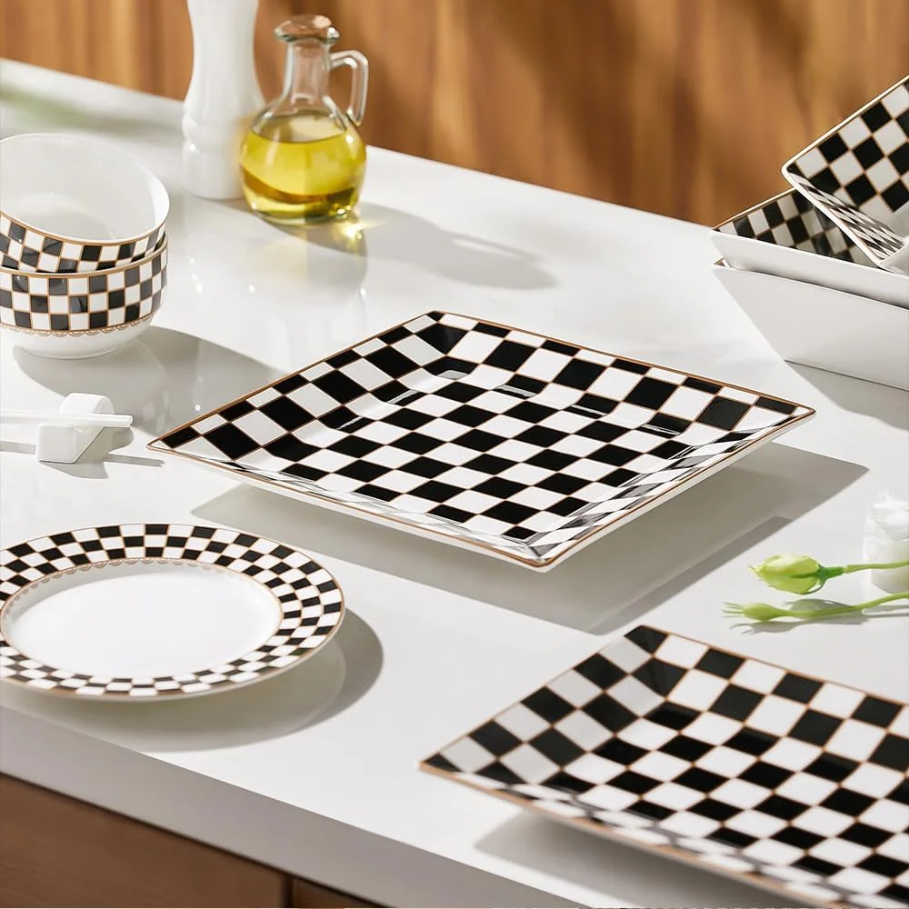 ست ظروف غذاخوری مربع چینی طرح شطرنجی پورلین برای 4 نفر، ست ظروف شامل 4 عدد بشقاب و کاسه با سس خوری 3.3 اینچی، ست بشقاب و کاسه سیاه و سفید ست ظروف غذاخوری مربع چینی طرح شطرنجی پورلین برای 4 نفر، ست ظروف شامل 4 عدد بشقاب و کاسه با سس خوری 3.3 اینچی، ست بشقاب و کاسه سیاه و سفید