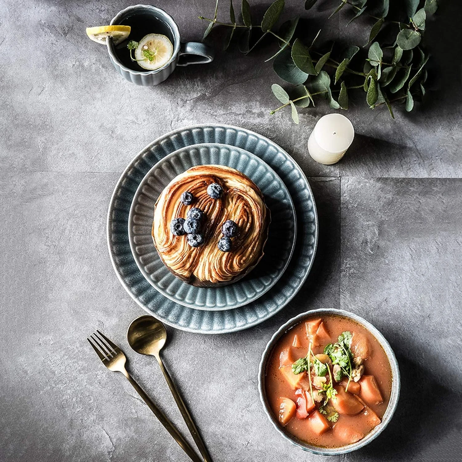 سرویس ظروف غذاخوری چینی کلاسیک، ست کاسه های غلات سه بعدی به سبک رترو و ست بشقاب استیک 22 تکه ست ترکیبی ظروف سرامیکی