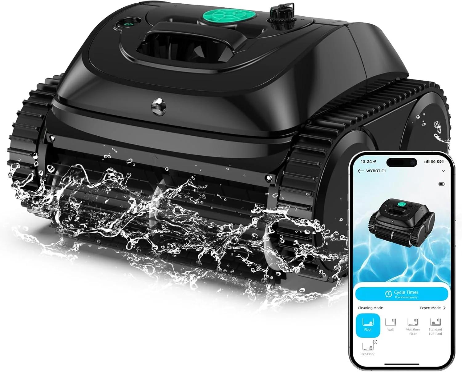 جاروبرقی رباتیک استخر WYBOT C1 برای استخرهای توکار، 150 دقیقه زمان کارکرد بی سیم، تمیز کننده استخر 4 در 1، تمیز کردن دیوار و خط آب تا 150 متر مربع، مسیریابی هوشمند، پشتیبانی از برنامه
