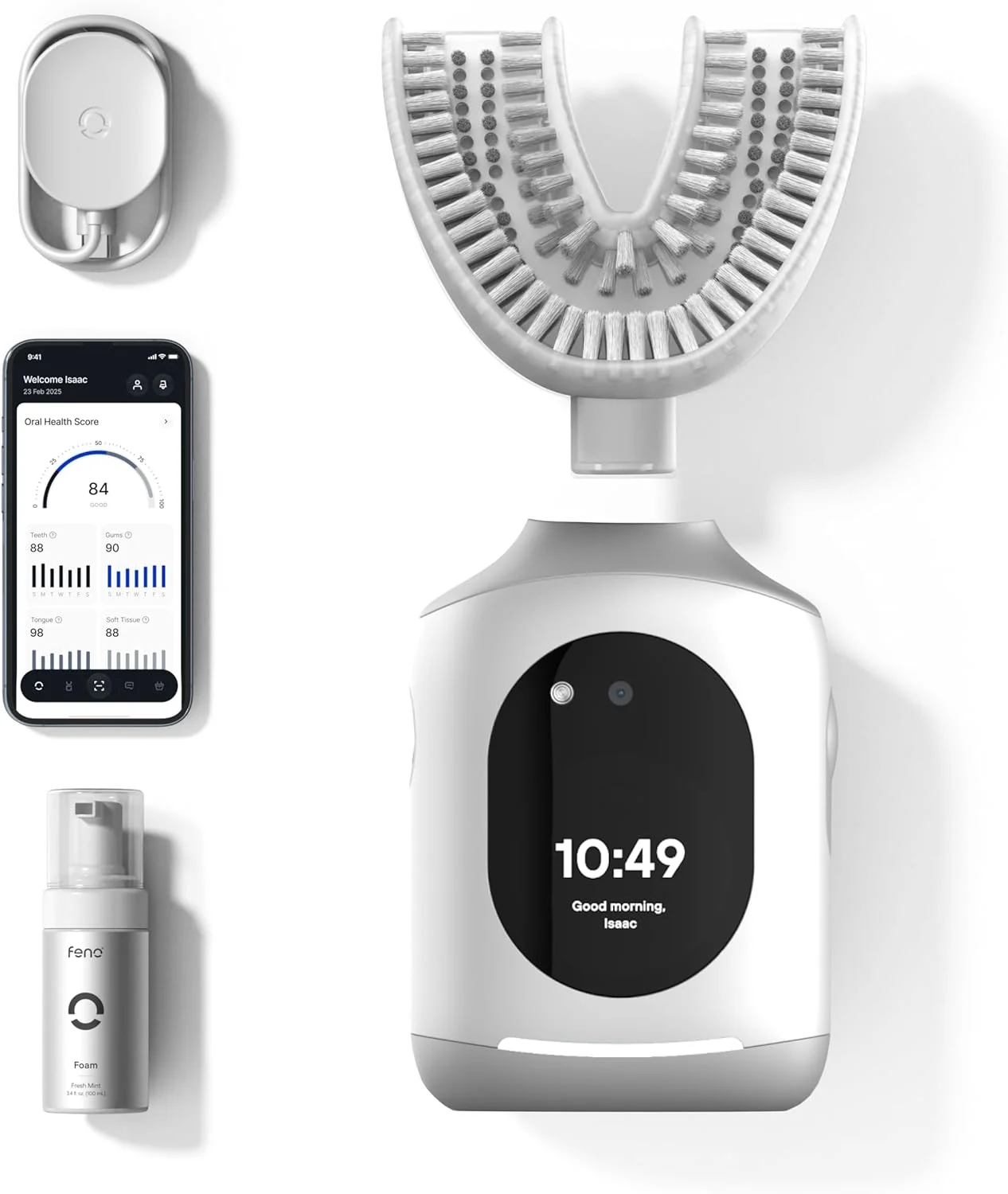مسواک برقی هوشمند Feno Smartbrush برای بزرگسالان - مسواک نوسانی مجهز به هوش مصنوعی با اپلیکیشن و دهانی شخصی سازی شده، تمیز کردن عمیق 20 ثانیه ای، قابل شارژ، شامل 1 بطری خمیر دندان فوم Feno