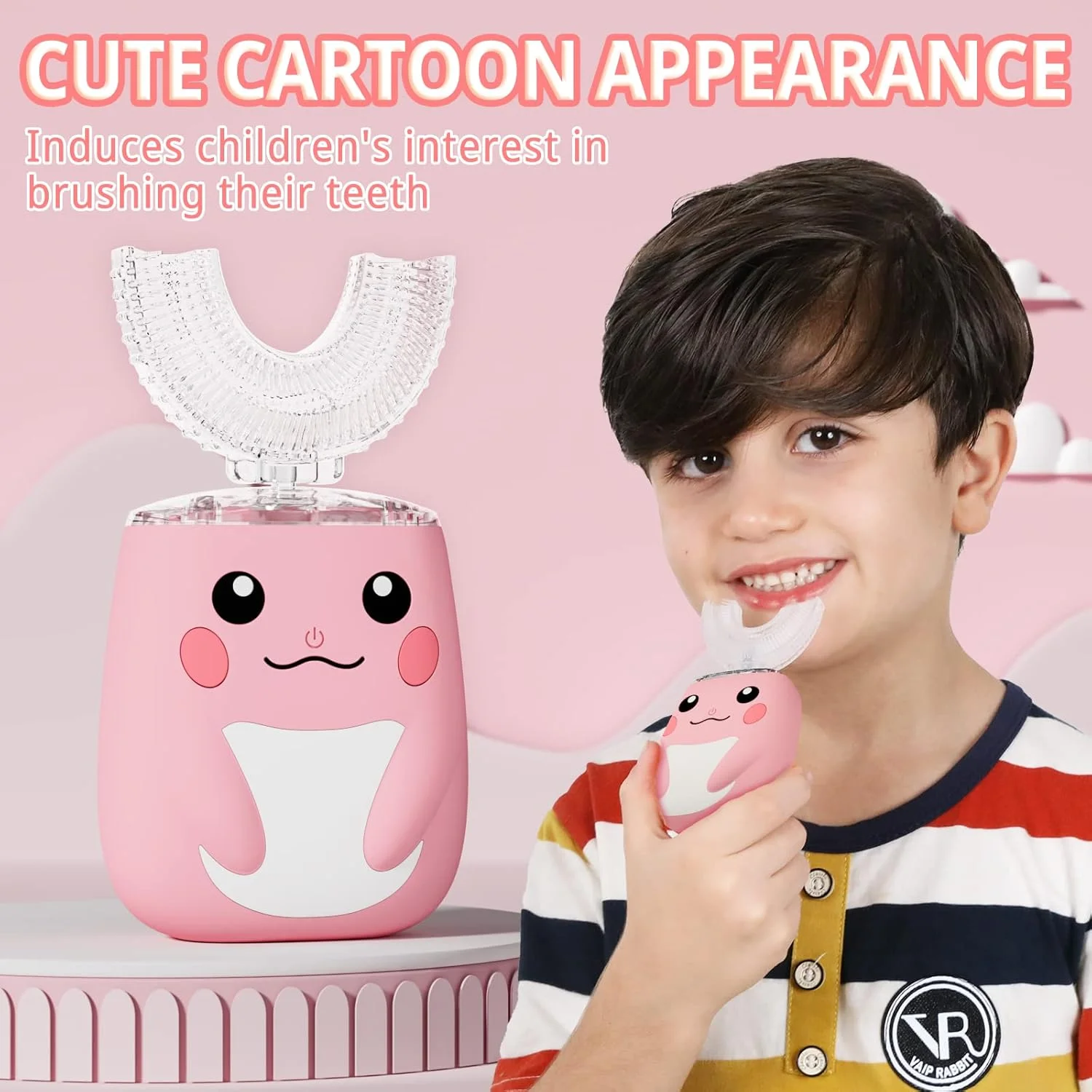 مسواک برقی کودکانه ELOTAME - طرح کارتونی زیبا با 6 سطح قابل تنظیم، 4 سری برس قابل تعویض، تمیز کردن 360 درجه، ضد آب IPX7 (2-7 سال، صورتی)