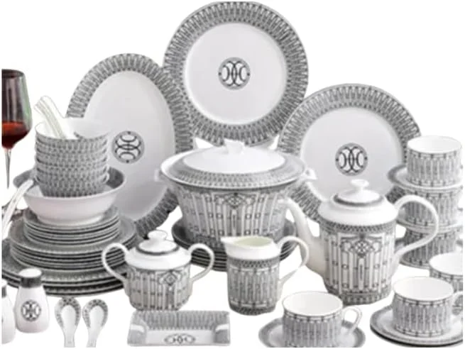 سرویس غذاخوری چینی لوکس، ۴۷ پارچه، طرح خاکستری و سفید، سرویس کامل غذا و چای سرویس غذاخوری چینی لوکس، ۴۷ پارچه، طرح خاکستری و سفید، سرویس کامل غذا و چای