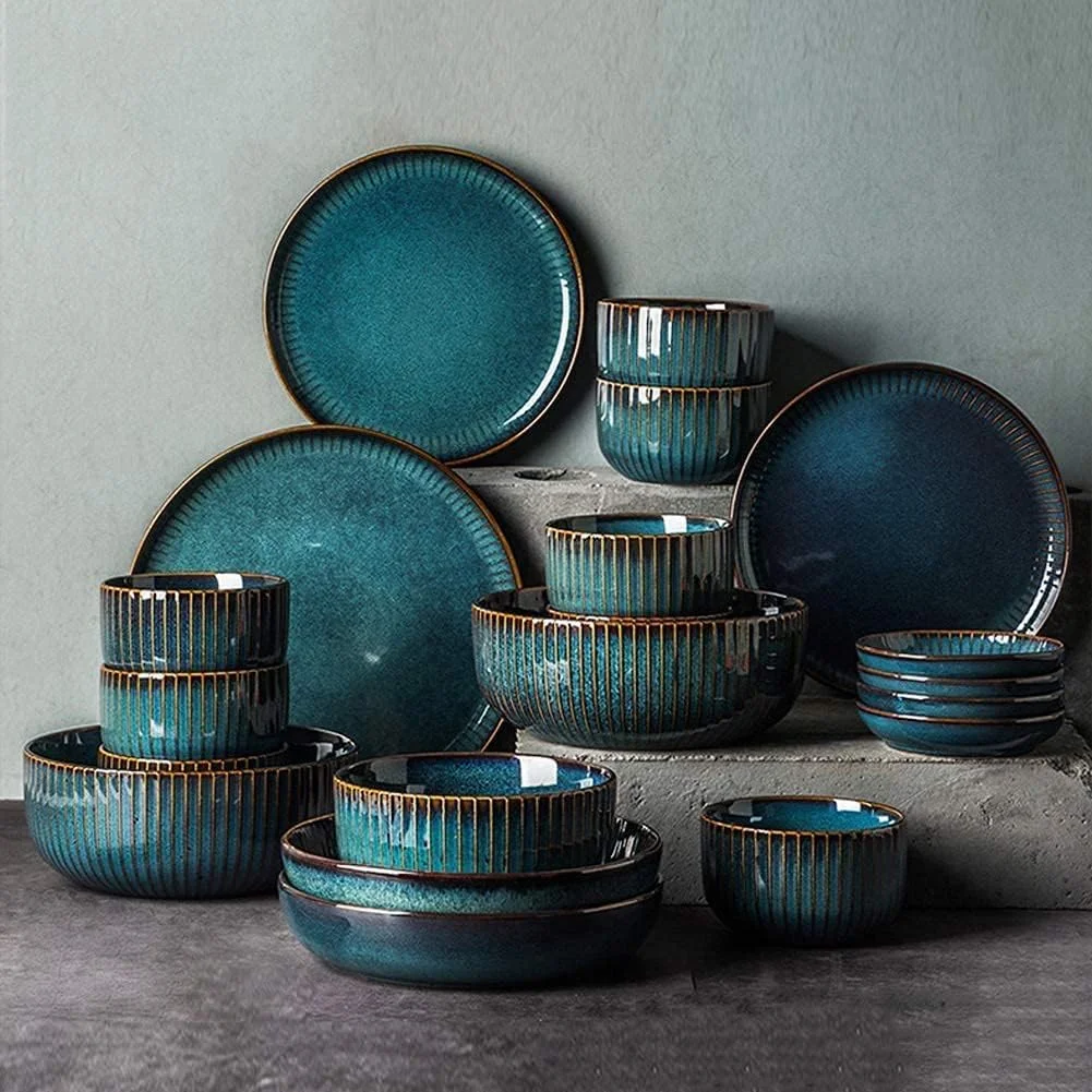 ست ترکیبی ظروف چینی شامل بشقاب، کاسه و ست ظروف سرامیکی، 50 تکه با طرح راه راه عمودی برجسته، بشقاب غذاخوری، کاسه، قاشق، ست ظروف غذاخوری رترو