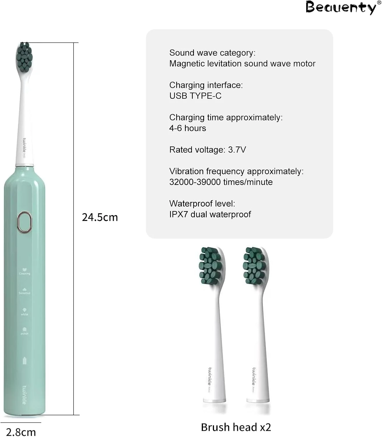 مسواک برقی بزرگسالان، مسواک های شارژی اولتراسونیک با 3 سر برس، 4 حالت تمیز کردن، یک بار شارژ برای 180 روز (سبز)