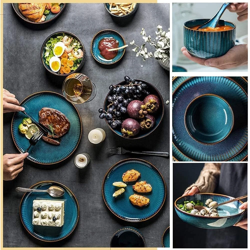 ست ترکیبی ظروف چینی شامل بشقاب، کاسه و ست ظروف سرامیکی، 50 تکه با طرح راه راه عمودی برجسته، بشقاب غذاخوری، کاسه، قاشق، ست ظروف غذاخوری رترو