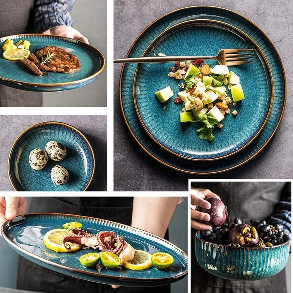 ست ترکیبی ظروف چینی شامل بشقاب، کاسه و ست ظروف سرامیکی، 50 تکه با طرح راه راه عمودی برجسته، بشقاب غذاخوری، کاسه، قاشق، ست ظروف غذاخوری رترو