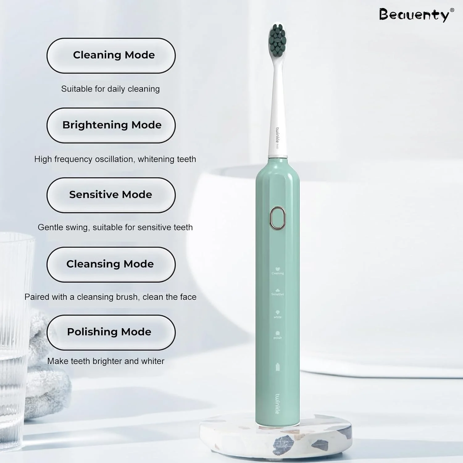 مسواک برقی بزرگسالان، مسواک های شارژی اولتراسونیک با 3 سر برس، 4 حالت تمیز کردن، یک بار شارژ برای 180 روز (سبز)