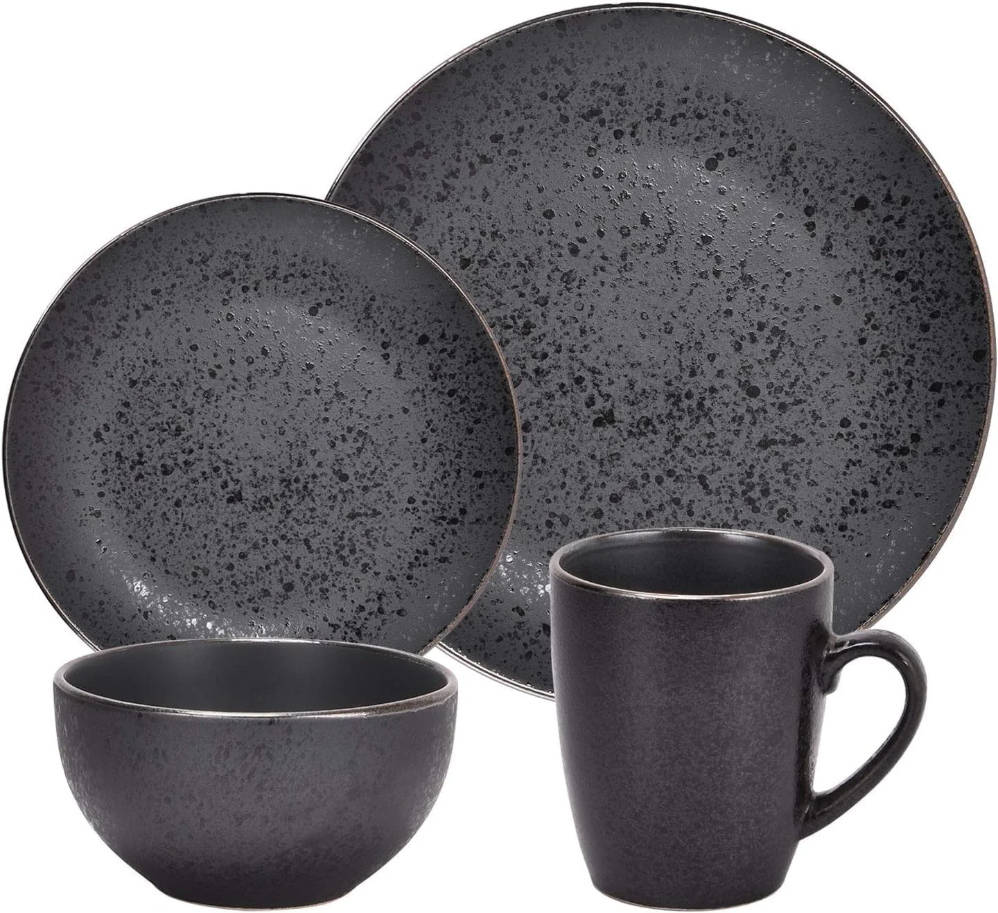 ست ظروف غذاخوری 16 پارچه گرد آشپزخانه، شامل بشقاب، پیش دستی، کاسه و لیوان، مناسب برای 4 نفر، جنس سرامیک سنگی، مشکی مات با روکش طلایی ست ظروف غذاخوری 16 پارچه گرد آشپزخانه، شامل بشقاب، پیش دستی، کاسه و لیوان، مناسب برای 4 نفر، جنس سرامیک سنگی، مشکی مات با روکش طلایی