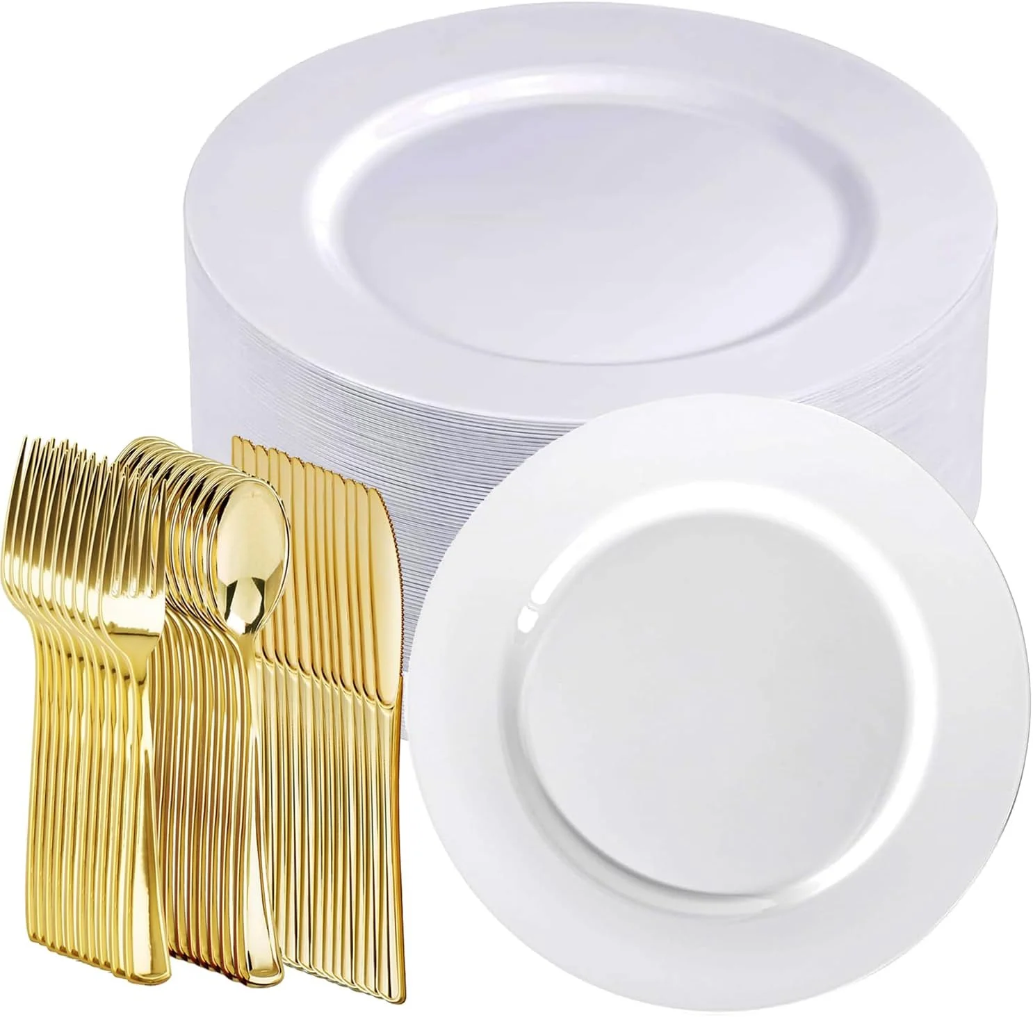 ظروف غذاخوری پلاستیکی برای 25 مهمان، ست بشقاب های یکبار مصرف سفید برای جشن تولد، عروسی، مسافرت به همراه 25 بشقاب دسر، ست 75 تکه کارد و چنگال و قاشق