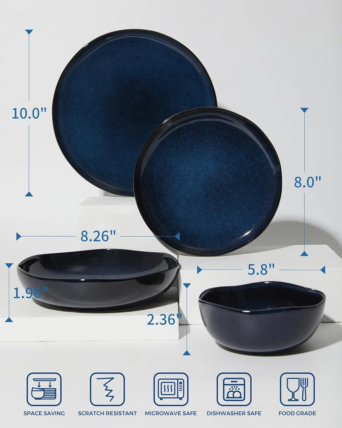 سرویس غذاخوری 32 پارچه آبی ستاره ای پوکینی با کاسه های پاستا، ظروف سنگی با لعاب واکنشگر ساحلی برای 8 نفر | سرویس پذیرایی کامل برای وعده های غذایی تعطیلات، میزبانی چند ظرفه و جشن های خانوادگی