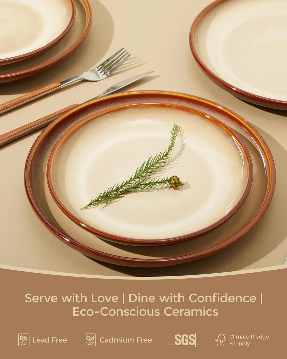 سرویس ظروف سنگی پوکینی مناسب برای 4 نفر، 12 تکه شامل بشقاب و کاسه با لعاب واکنش‌گرا، ست ظروف گرد دست‌ساز، ست بشقاب مدرن با مقاومت بالا در برابر لب پر شدن و ترک خوردگی، قهوه‌ای زرد