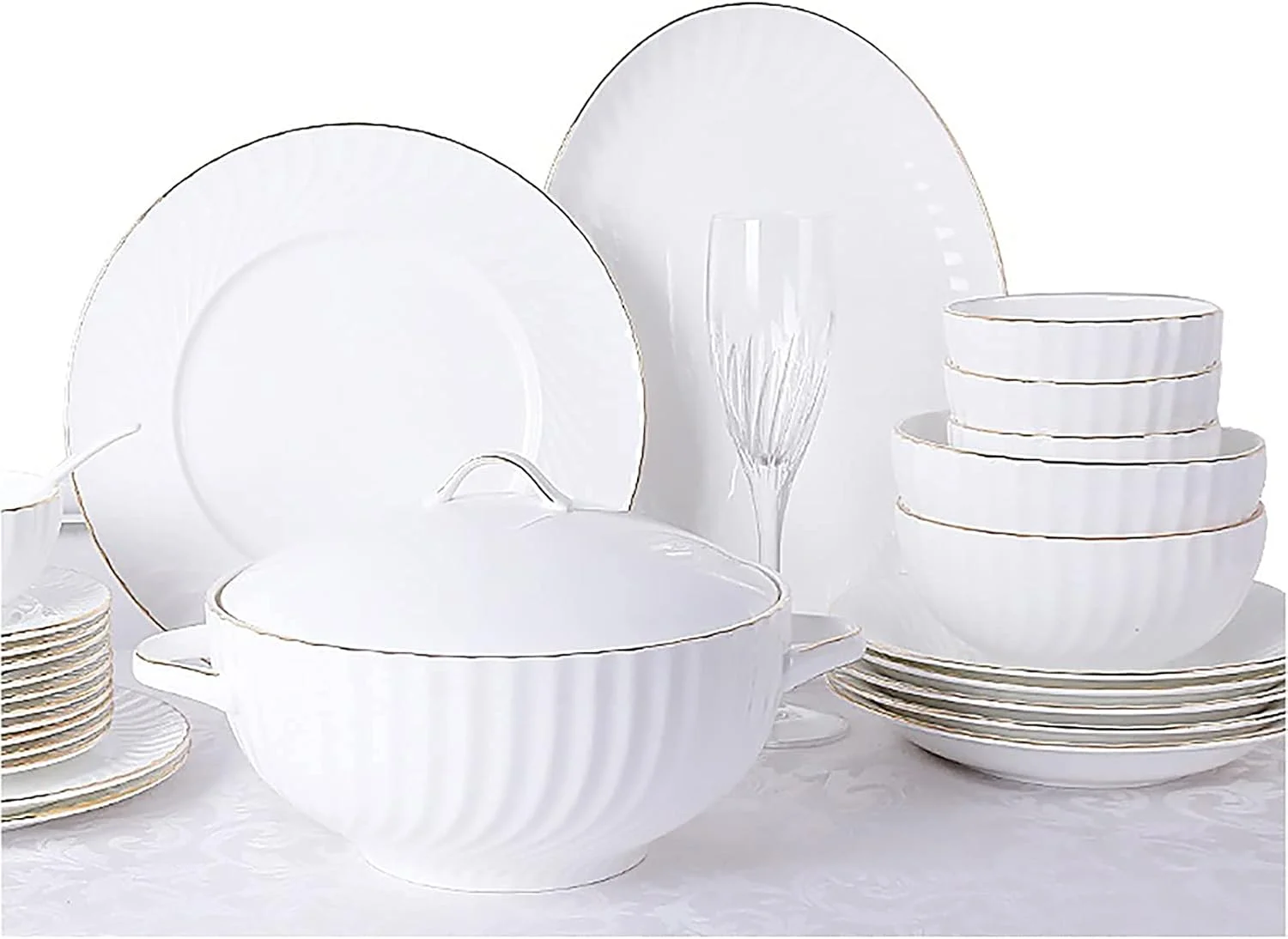 سرویس غذاخوری 56 پارچه، ظروف چینی سفید آشپزخانه، سرویس غذاخوری چینی استخوانی مرغوب با کاسه غلات، بشقاب غذاخوری، بشقاب دسر، بشقاب سوپ خوری گود، دیس ماهی، ظروف و قابلمه سوپ