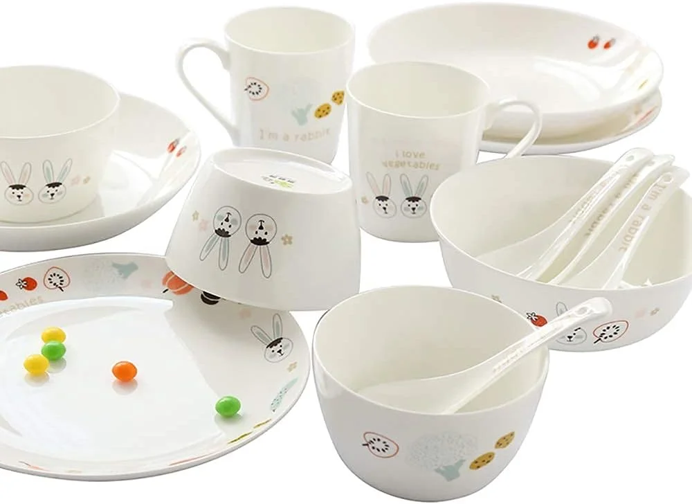 سرویس غذاخوری 16 پارچه چینی استخوانی، ظروف آشپزخانه خانگی، کاسه های گرد، بشقاب های غذاخوری، فنجان مربعی با طرح خرگوش شاد، برای 4 نفر
