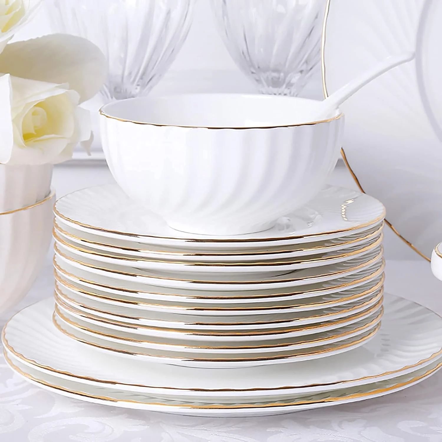 سرویس غذاخوری 56 پارچه، ظروف چینی سفید آشپزخانه، سرویس غذاخوری چینی استخوانی مرغوب با کاسه غلات، بشقاب غذاخوری، بشقاب دسر، بشقاب سوپ خوری گود، دیس ماهی، ظروف و قابلمه سوپ