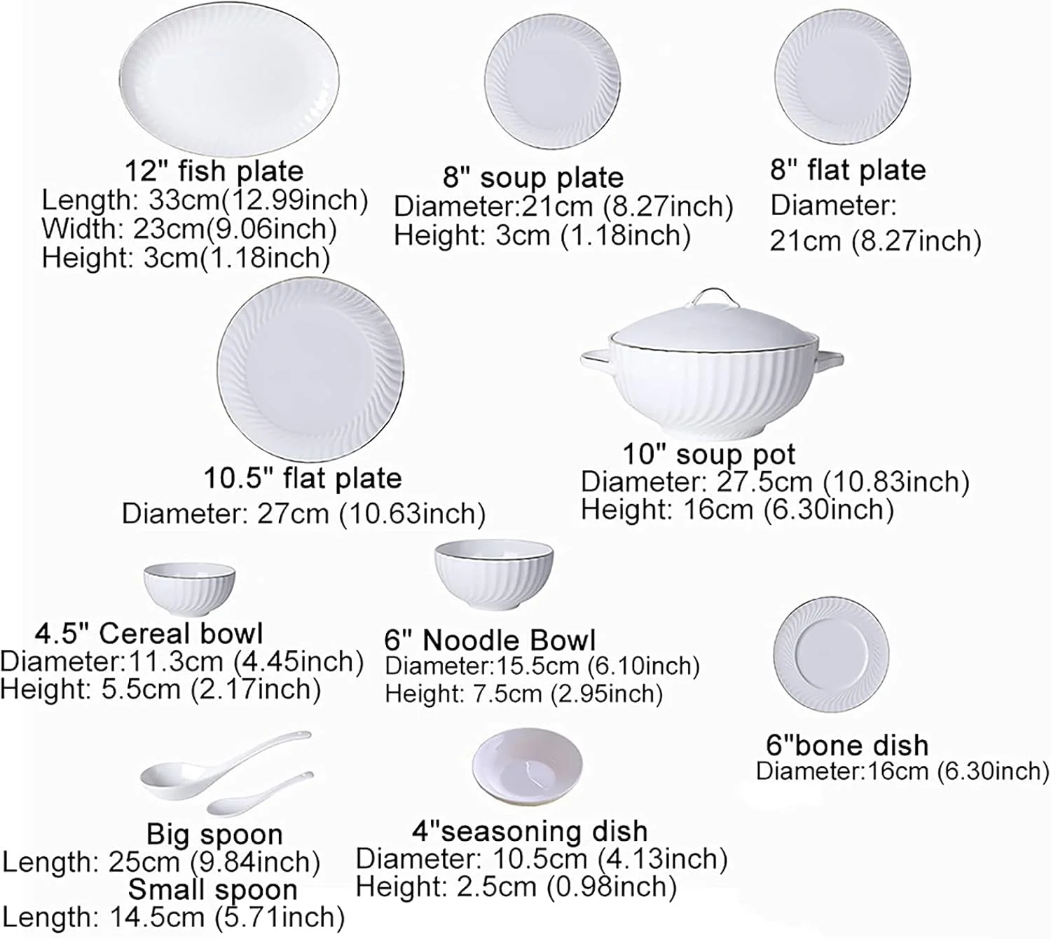 سرویس غذاخوری 56 پارچه، ظروف چینی سفید آشپزخانه، سرویس غذاخوری چینی استخوانی مرغوب با کاسه غلات، بشقاب غذاخوری، بشقاب دسر، بشقاب سوپ خوری گود، دیس ماهی، ظروف و قابلمه سوپ
