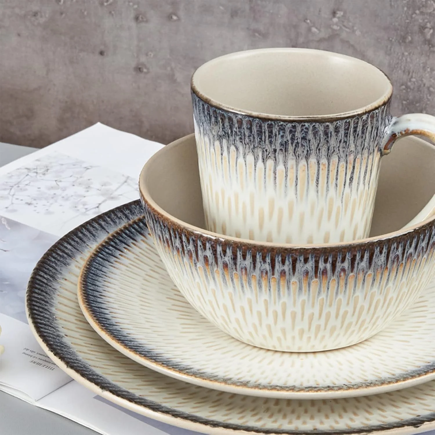 سرویس غذاخوری چینی به سبک قصر، شامل بشقاب و کاسه برای 6 نفر، سرویس ظروف غذاخوری 24 پارچه، ظروف گرد سنگی چینی