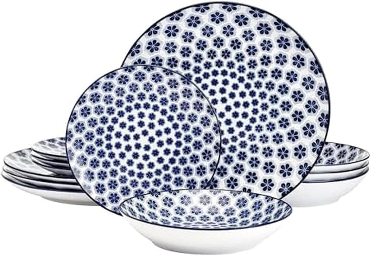 ست ظروف غذاخوری 12 پارچه Pfaltzgraff طرح Blooming Delight، آبی و سفید