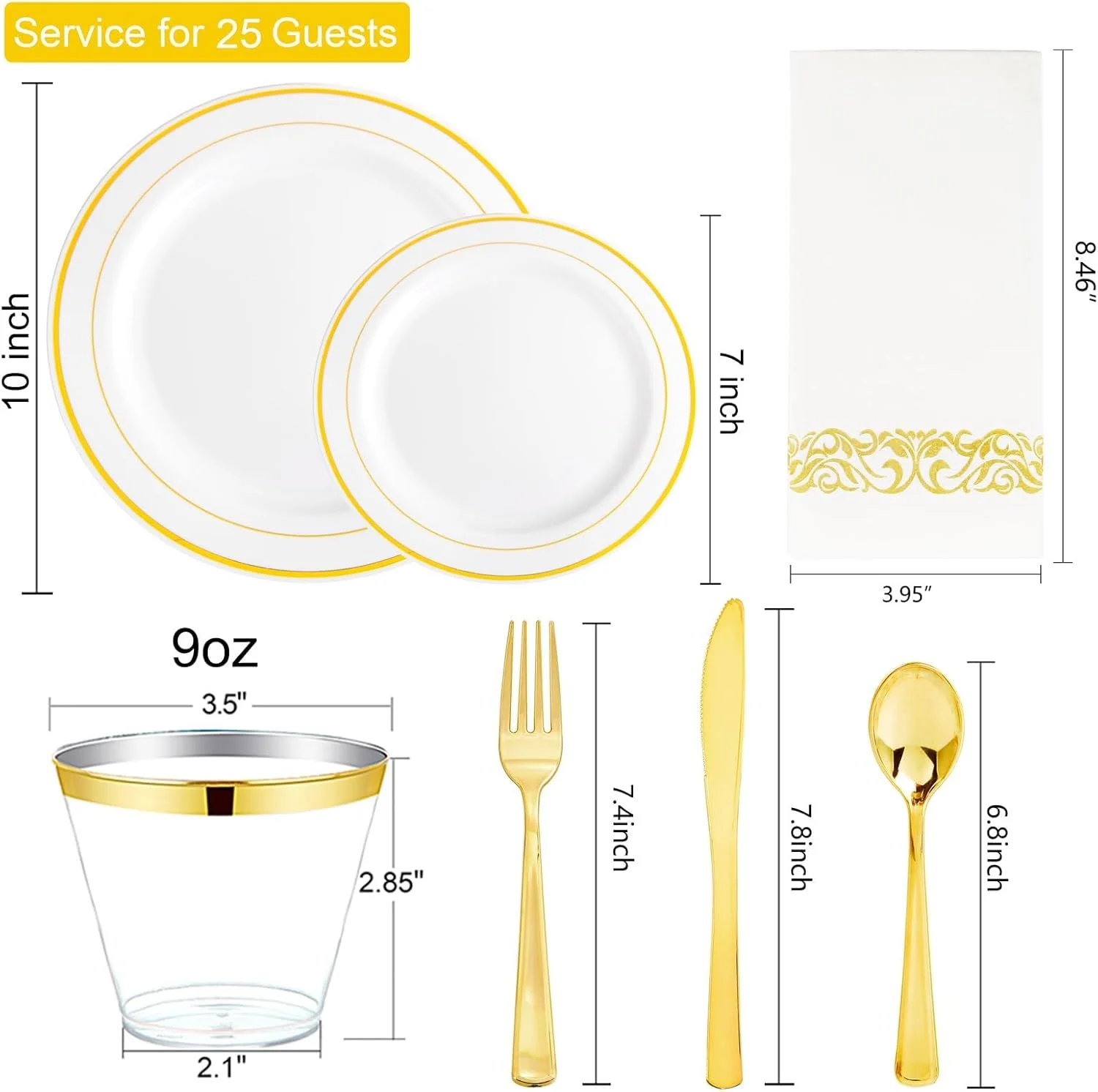 ست ظروف پلاستیکی طلایی 175 تکه PFUTURE برای 25 مهمان - شامل 25 بشقاب غذاخوری، 25 بشقاب دسر، 25 دستمال کاغذی، قاشق و چنگال و 25 فنجان