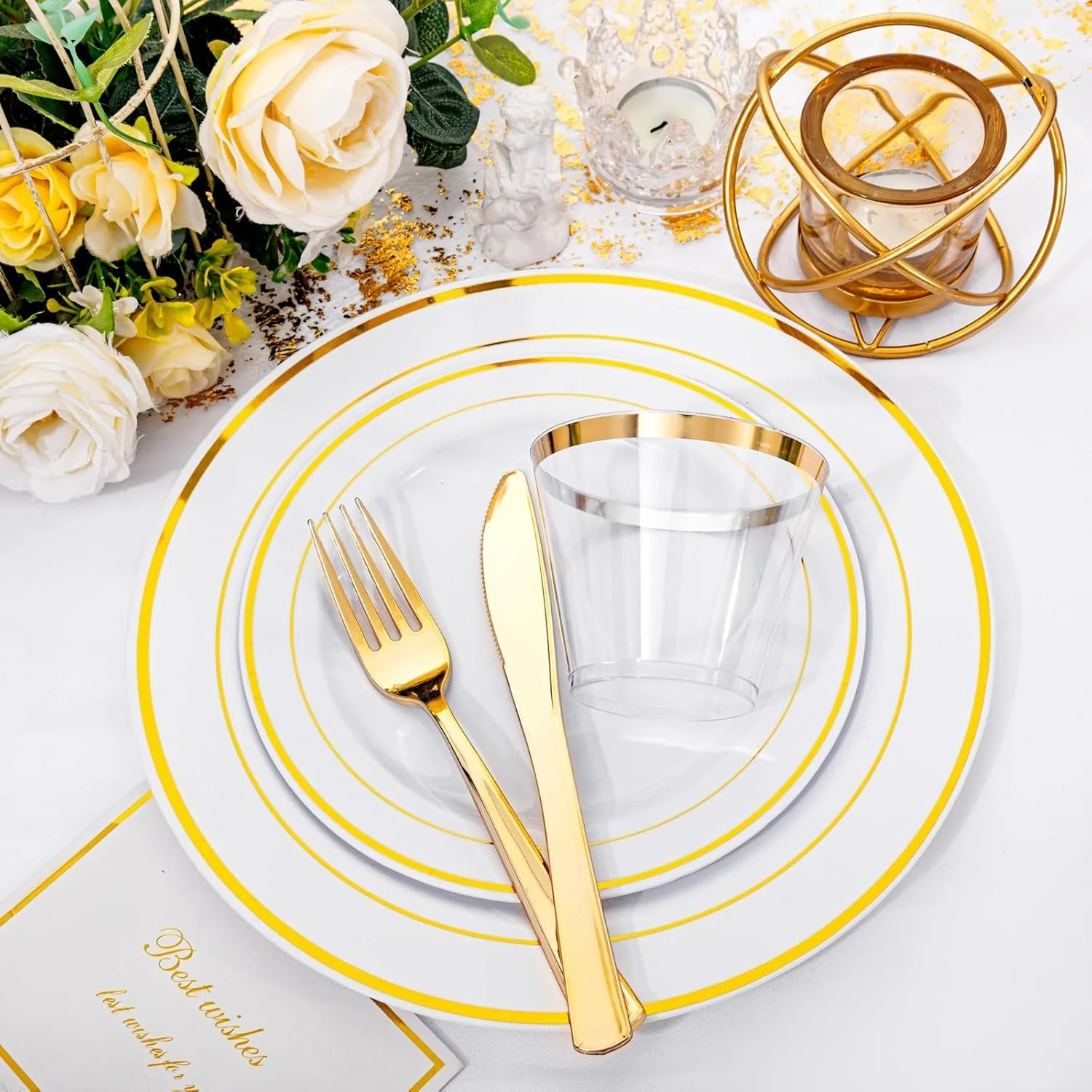 ست ظروف پلاستیکی طلایی 175 تکه PFUTURE برای 25 مهمان - شامل 25 بشقاب غذاخوری، 25 بشقاب دسر، 25 دستمال کاغذی، قاشق و چنگال و 25 فنجان