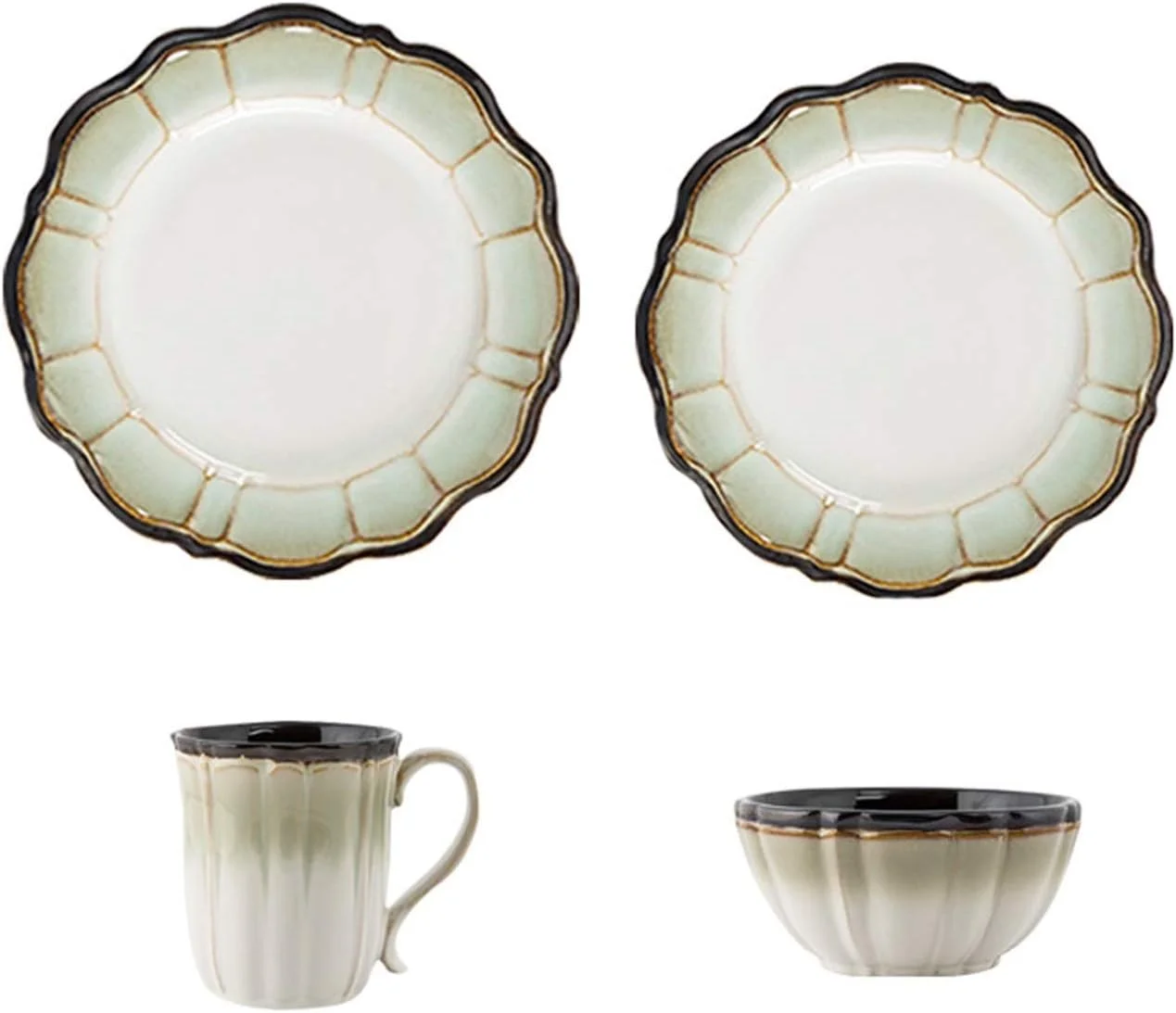 ست ظروف غذاخوری 4 تکه طرح لوتوس، مناسب برای استفاده در داخل و خارج از منزل، ساخته شده از سرامیک بادوام، شامل بشقاب، کاسه و لیوان