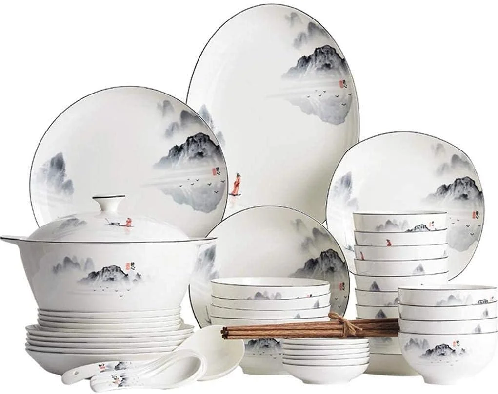 ست بشقاب غذاخوری زیبایی شرقی، ظروف چینی با طرح نقاشی منظره سفید، ظروف سرامیکی با قاشق، 60 پارچه