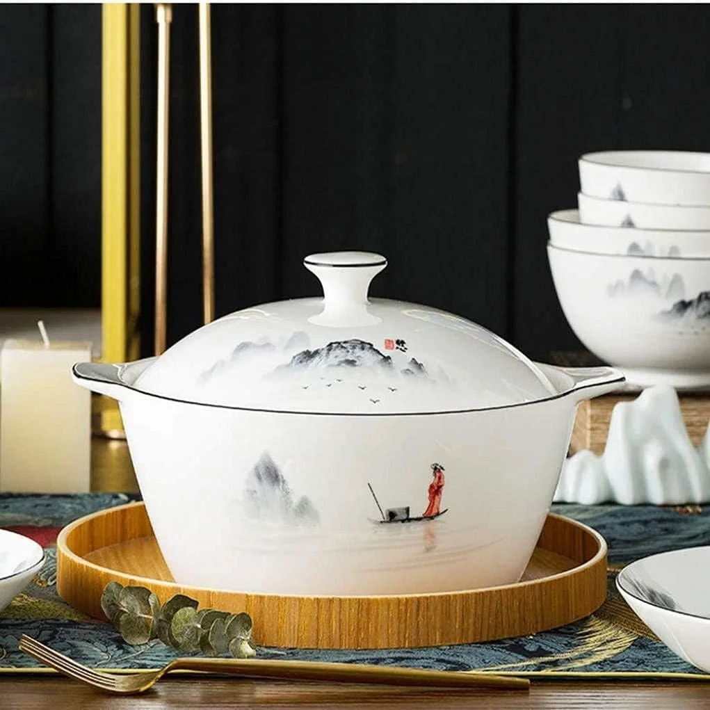 ست بشقاب غذاخوری زیبایی شرقی، ظروف چینی با طرح نقاشی منظره سفید، ظروف سرامیکی با قاشق، 60 پارچه