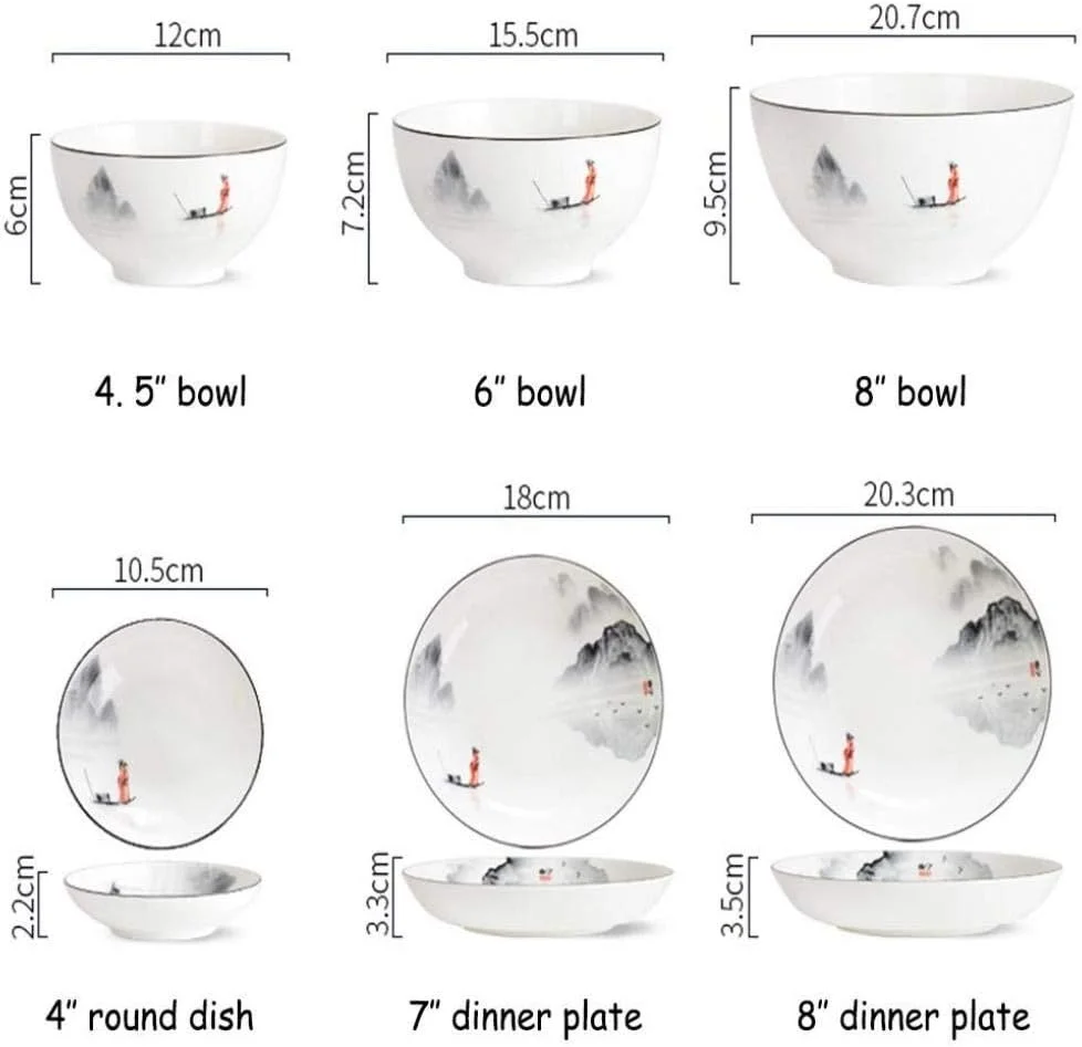 ست بشقاب غذاخوری زیبایی شرقی، ظروف چینی با طرح نقاشی منظره سفید، ظروف سرامیکی با قاشق، 60 پارچه