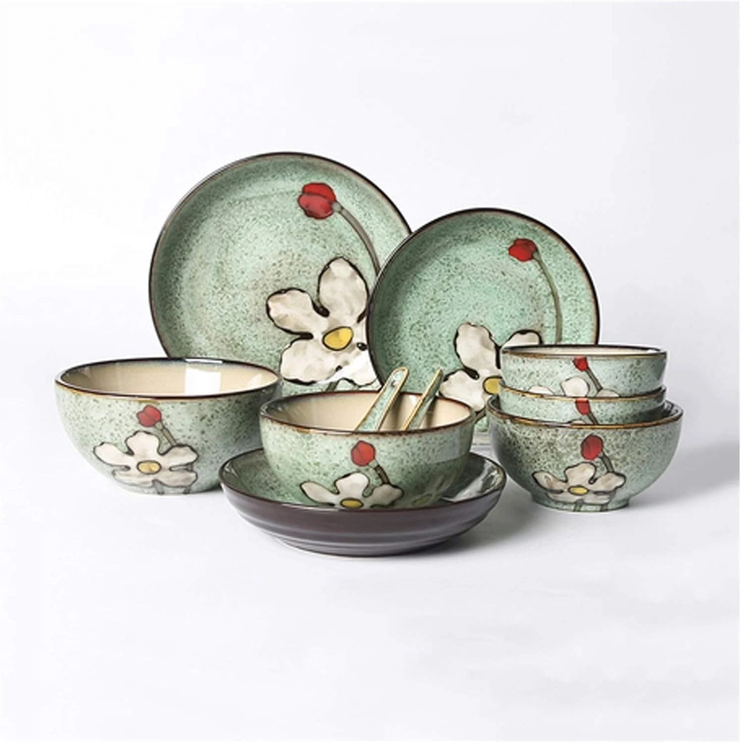 ست ظروف غذاخوری 10 تکه سرامیکی مناسب فضای داخلی یا خارجی، ست ظروف تازه و زیبا، ست بشقاب های سرامیکی بادوام، برای 2 نفر، آبی/سبز/قرمز/صورتی