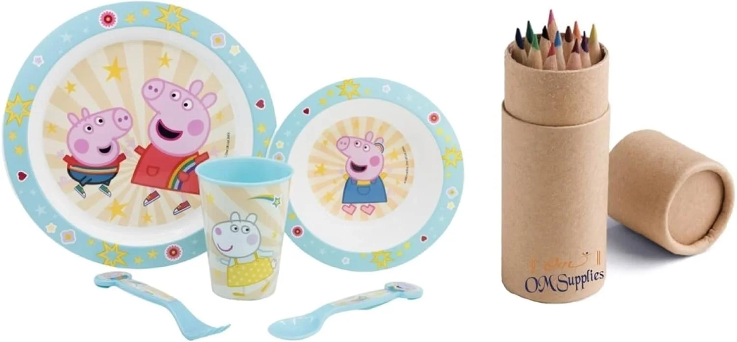 OM SUPPLIES Peppa George Cartoon Character Dinner Tableware Set 5pcs Plate, Bowl, Cup & Cutlery, BPA Free re-usable Plastic Microwave Safe Includes Half Size 12pcs Pencil Set (Peppa)