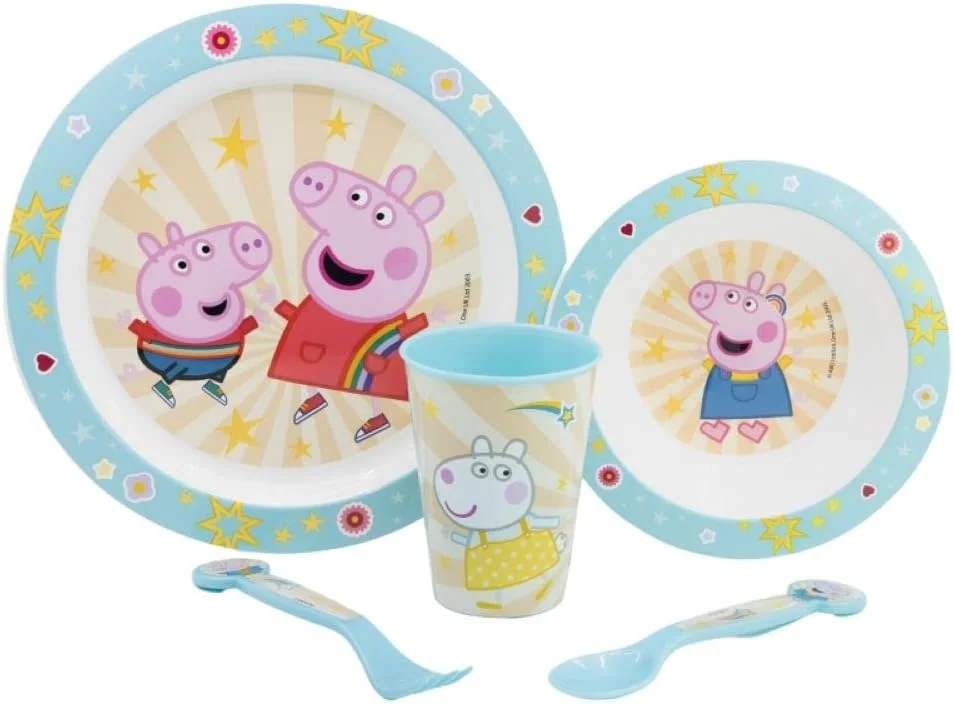 OM SUPPLIES Peppa George Cartoon Character Dinner Tableware Set 5pcs Plate, Bowl, Cup & Cutlery, BPA Free re-usable Plastic Microwave Safe Includes Half Size 12pcs Pencil Set (Peppa)