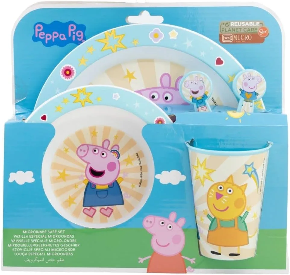 OM SUPPLIES Peppa George Cartoon Character Dinner Tableware Set 5pcs Plate, Bowl, Cup & Cutlery, BPA Free re-usable Plastic Microwave Safe Includes Half Size 12pcs Pencil Set (Peppa)